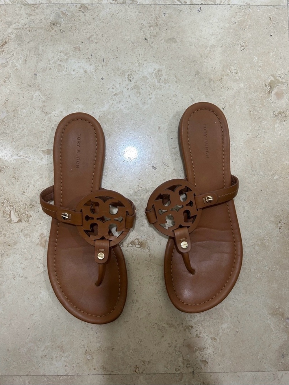 Tory Burch Cognac Leather Miller Thong Sandals